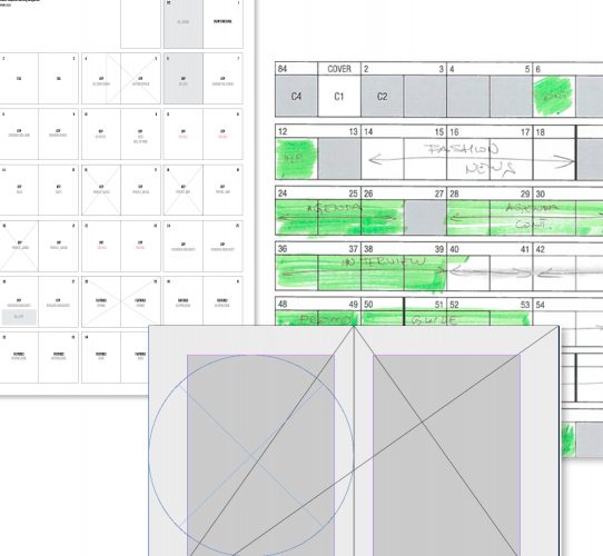 Sketches and wireframes for magazine structure